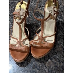 Michael Kors Tan Leather Cork Wedge Sandals Strappy T-Strap Gold MK Logo 9.5in